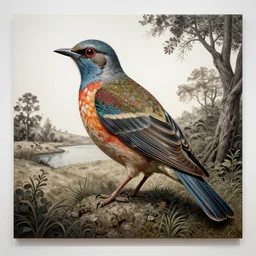 by tibor nagy harrowing, haunting lovecraftian. a beautiful installation art of a bird in its natural habitat. the bird is shown in great detail, with its colorful plumage & intricate patterns. the background is a simple but detailed landscape, with trees, bushes, & a river.