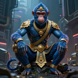 high quality 3 d render ultra realistic mischievous cyborg muscular man monkey blue hybrid sitting, gold madhubani, highly detailed, cyberpunk!! mumbai in the background, unreal engine cinematic smooth, szukalski & blade runner, moody light, low angle, uhd 8 k, sharp focus