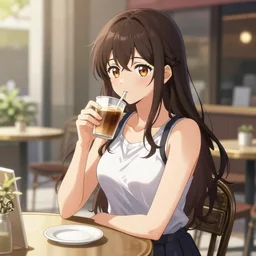 full - body anime girl by davinci drinking coffee at a outdoor cafe, upper - body beautiful extremely detailed illustration, stunning face and eyes, pretty, pixiv gelbooru danbooru, anime poster, cel shaded