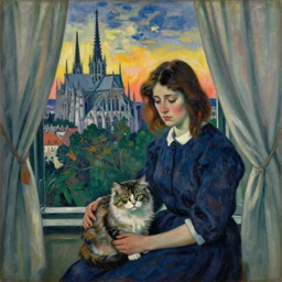 portrait of sad woman and persian cat with city with gothic cathedral and tall trees seen from a window frame with curtains. sunset. mikalojus konstantinas ciurlionis, henri de toulouse - lautrec, utamaro, matisse, monet