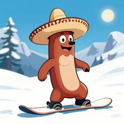 sentient sausage snowboard wearing a sombrero