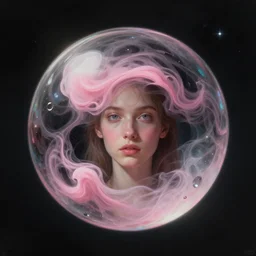 a portrait of visions of a mirrored droplet, crystal, smoky swirls of pink cream simulated by her, rejected, a gate to infinity, warm inhuman, between gifts, beyond the stars into the void, detailed digital matte painting by simon stalenhag