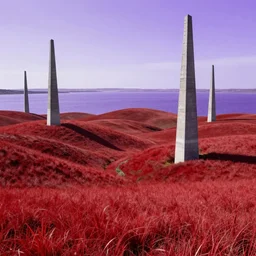 a landscape of red grass, rolling hills, and lakes of purple water with huge concrete spires breaking through the ground and growing towards the sky dotted across the horizon being explored by humans in hazmat suits, sunlight breaking through the concrete spires, god rays of light, the humans look tiny and insignificant, the concrete spires reach the clouds, octane render by greg rutkowski, ferdinand knab, makoto shinkai. digital render