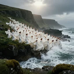 dark and moody 1 9 7 0's artistic spaghetti western film in color, a large huge group of women in a giant billowing wide long flowing waving white dresses, standing inside a green mossy irish rocky scenic landscape, crashing waves and sea foam, volumetric lighting, backlit, moody, atmospheric, fog, extremely windy, soft focus