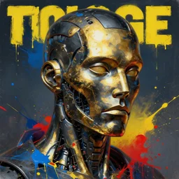 3 d, black and gold metalic head of cyborg in the center, vogue cover style, blue and yellow and red paint splatters and paint splashes, 3 d poster art, high detail, 3 d intricate oil painting, stanley kubrick mood, hyperrealism, 3 d, by tooth wu and wlop and beeple and greg rutkowski