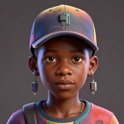 colourful caricature - 3 d vfx art - portrait of a nigerian boy wearing a baseball cap with wires and computer chips dangling from inside, art style by james jean, hsiao - ron cheng & greg hildebrandt, character concept art, unreal engine render, digital illustration, sharp, intricate detail, volumetric light, ray tracing, soft light, symmetric, pinterest, artstation, behance,