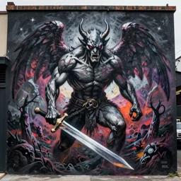Street art. a large, muscular demon-like creature with wings, standing in a dark, hellish landscape. The creature has red eyes and sharp teeth, and is holding a large sword in one hand.  by Joaquín Sorolla, by Ken Kelly kaleidoscopic