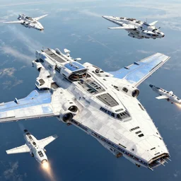 A very detailed sci fi numerous huge white spaceships, with blue wing and firing nozzles, with superstructure deck in hungar, by john berkey, trending on artstation
