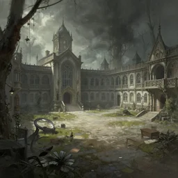 apocalypstic empty campus, concept art, trending on artstation, wlop, ross draws, digital painting, mixed media, intricate details, volumetric lighting,