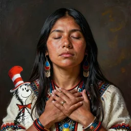 a beautiful portrait of an indigenous female shaman with eyes closed feeling her heart, designed by dr seuss and michal karcz, by christophe vacher
