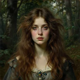 a beautiful and eerie baroque painting of a gorgeous young woman from vermont, with wild hair and haunted eyes, 1 9 7 0 s, woodland, afternoon light, delicate embellishments, painterly, by brom, robert henri, walter popp