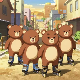 happybears!, humanoid bears, bear costumes, happy faces, evil happy faces, rollerblading, rollerskates, cel - shading, four humanoid bears, 2 0 0 1 anime, flcl, jet set radio future, golden hour, japanese town, concentrated buildings, japanese neighborhood, construction site, cel - shaded, strong shadows, vivid hues, y 2 k aesthetic