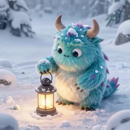 high angle shot of a cute monster making a snow lantern in the winter, high angle shot, hyperrealistic, highly detailed, smooth, beautiful, sharp focus, digital painting by greg hildebrandt, tim hildebrandt, greg rutkowski, artgerm