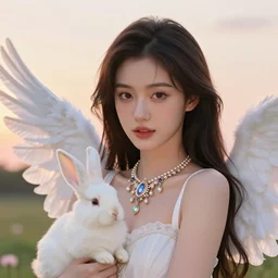 Portrait of a cute elegant woman with angelic white wings on her back, holding a magical rabbit, luxurious neckless, sunset, warm spring, slim face, detailed face, centered close-up, fantasy, anime, vibrant, colorful, depth of field, intricate details, trending on ArtStation, Deviantart, by WLOP