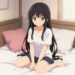 “anime girl sitting in bedroom”