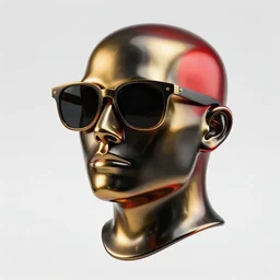a head made out of melting metal, it is of black and golden and red color, it is wearing sunglasses and a hat, there are flowers all around it. there are butterflies made of thick glass everywhere, vogue cover style, greg rutkowski style