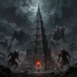 tower of the hirophant surrounded by demons, hell, dark atmosphere, landscape, artstation
