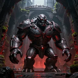 massive iron golem guarding an ancient temple, epic fantasy art, highly detailed and intricate, underground, depth of view, crumbled bridge in the background, moss on the walls, black and red colors, sharp colors, dramatic lighting