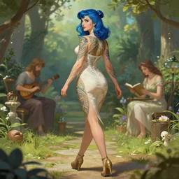 blue hair tattooed pinup walking at the garden playing dnd, deep focus, turnaround, fantasy, intricate, elegant, highly detailed, digital painting, artstation, concept art, matte, sharp focus, illustration, hearthstone, art by artgerm and greg rutkowski and alphonse mucha.