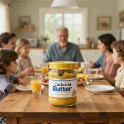 tv commercial color still shot of food jar of cockroach butter, family, breakfast table