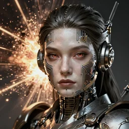 mech warrior face, female, fantasy, circuitry, explosion, dramatic, intricate, elegant, highly detailed, digital painting, artstation, concept art, smooth, sharp focus, illustration, art by Gustave Dore, octane render
