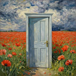 nun at poppy field door in the sky by beksinski van gog hyperrealism detailed masterpiece doomy expressive epic dramatic cinematic