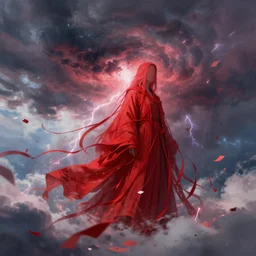 Storm of red clothes ribbons and paper sheets. Clouds, lighting. Fantasy, digital painting, HD, 4k, detailed, vibrant.