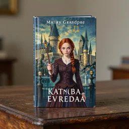 book on a table, studio lighting, cover art is of katniss everdeen holding the elder wand at hogwarts school, illustrated by mary grandpre
