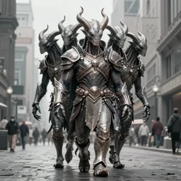 a masterpiece! full body photographic portrait of an alien beast wearing armor!! with seven heads!! and ten horns!! walking on water on a city street heroic, glorious, in the style of artgerm, gerald brom, atey ghailan and mike mignola, vibrant colors and hard shadows and strong rim light, plain background, comic cover art, trending on artstation