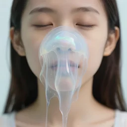 realistic photo of a a blurred face of a girl, covered in iridescent ghost jelly that weighs her down to the ground 1 9 6 0, life magazine photo, natural colors, metropolitan museum, kodak, 8 k, very detailed, high resolution, product photo,