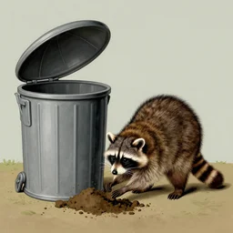A vintage scientific illustration from the 1970s of a raccoons digging through a trash can René Magritte