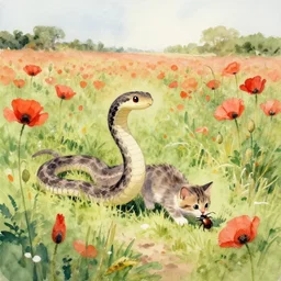 snake - like kitten hunting beetle at poppy field, impressionist watercolour study, watercolour landscape, watery watercolour