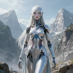 ethereal, wired, cybernetic alien princess in the mountains, extremely detailed, sharp focus, wide angle, smooth, digital illustration, by james jean, by rossdraws, frank franzzeta, sakimichan