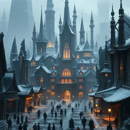 a town built by powerful magic, a city of black obsidian crystal thin towers, different levels, elegant organic crystal - like architecture, obsidian glass, snow, magical lights, marchand and crowd in the street, scenic view of a plaza, dark fantasy, by christophe young and raphael lacoste, cinematic and dramatic lighting