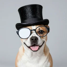 puppy wearing a monocle and a top hat