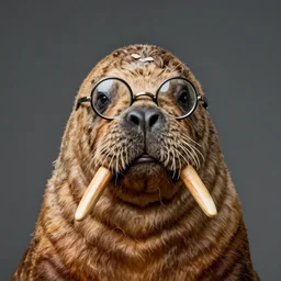 portrait of a walrus wearing round glasses like john lennon by sachin teng