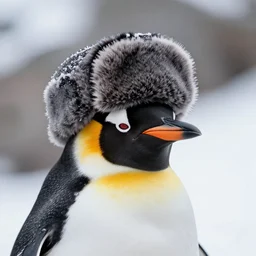 penguin wearing a winter ushanka hat on its head. russian ushanka hat