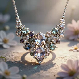 intricate! organic, nordic wedding ring, necklace, gemstones, dreamy floral background, detailed, refraction, occlusion, lower and upper levels, keyshot render, octane render, vray render