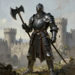 a giant medieval knight in black armor wielding a battle - axe with both hands and a castle in the background. featured on artstation. painting. extreme detail