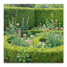 a painting of a lush hedge garden filled with beautiful flowers and a cat gardener tending to some flowers by thomas cole