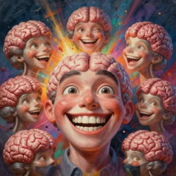 Haunting surreal hyperrealistic detailed landscape painting of a group of brains with human eyes and teeth with a big grinning smile, looking happy, vibrant feel, bursts of color, color ink explosion, beautiful spectrum of vibrancy, flowers falling from the sky heavy metal, disgusting, creepy, unsettling, in the style of Stephen Gibb, hyper detailed, trending on Artstation