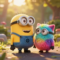 a cute colorful minion and furby morphothion, photography, golden hour, bokeh, colorful, saturated, cinematic lighting, volumetric light