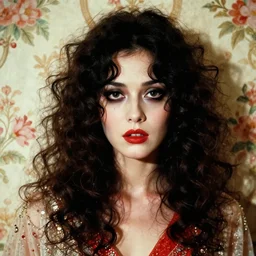 a beautiful but sinister woman in layers of fear, with haunted eyes and curly hair, 1 9 7 0 s, seventies, floral wallpaper, delicate embellishments, a little blood, crimson, painterly, offset printing technique, by ren hang