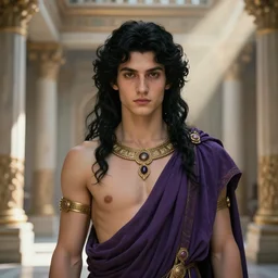 portrait, cute young orphic dionysus, androgynous, chtonic god, dark purple greek robe, long black hair, ancient greek palace, very detailed, ornate, jewelry, character illustration, crepuscular rays, soft lighting, octane render, greg rutkowski, alphonse mucha, sung choi, 8 k