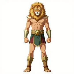 heracles anime character facing the camera full shot, wearing a lions pelt as a cloak and wielding a massive club