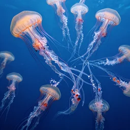 jellyfish chasing each other underwater::intricate details::Alena Aenami, Leonid Afremov, Petros Afshar, Noah Bradley, Anton Fadeev, Anato Finnstark, Steve Henderson, Filip Hodas, Mark Keathley, Thomas Kinkade, Phil Koch, Gilbert Williams, Mike Winkelmann, Beeple::8K, 4K