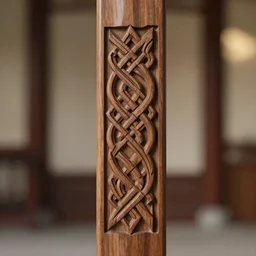 scanstation 3 5 mm of wood carving norse style knots in walnut temple pillar, sill, 8 k, bokeh