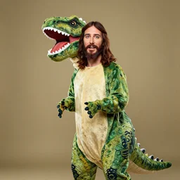 jesus wearing dinosaur costume