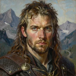 a highly detailed portrait painting of a rugged fantasy warrior with piercing eyes, mountain setting, by michael whelan and raymond swanland