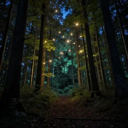 forest at night with floating lights by Kinuko Craft